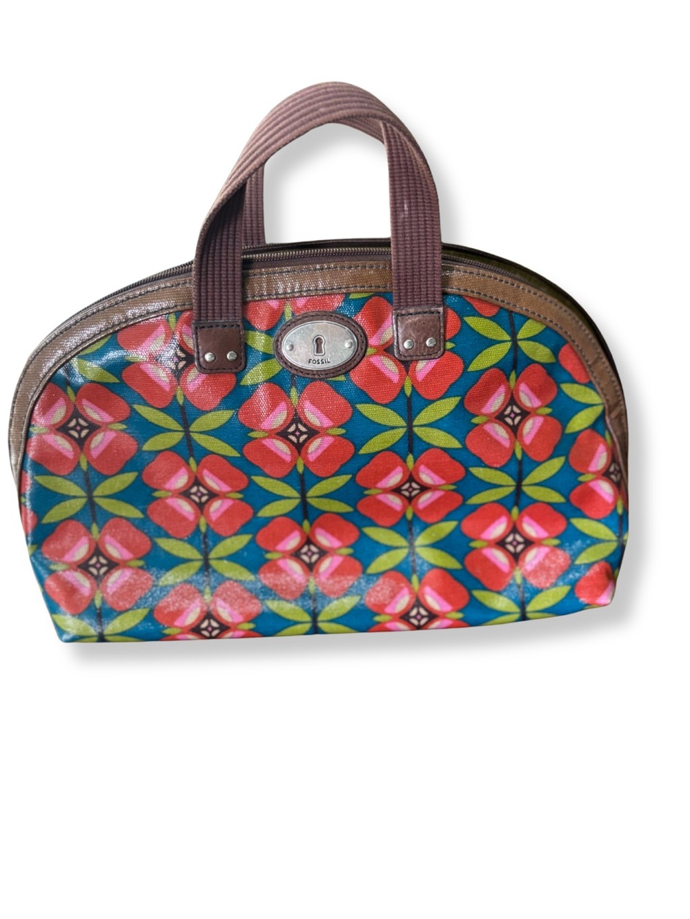 Fossil Key-Per Floral Satchel Handbag Colorful Retro Print Zip Top